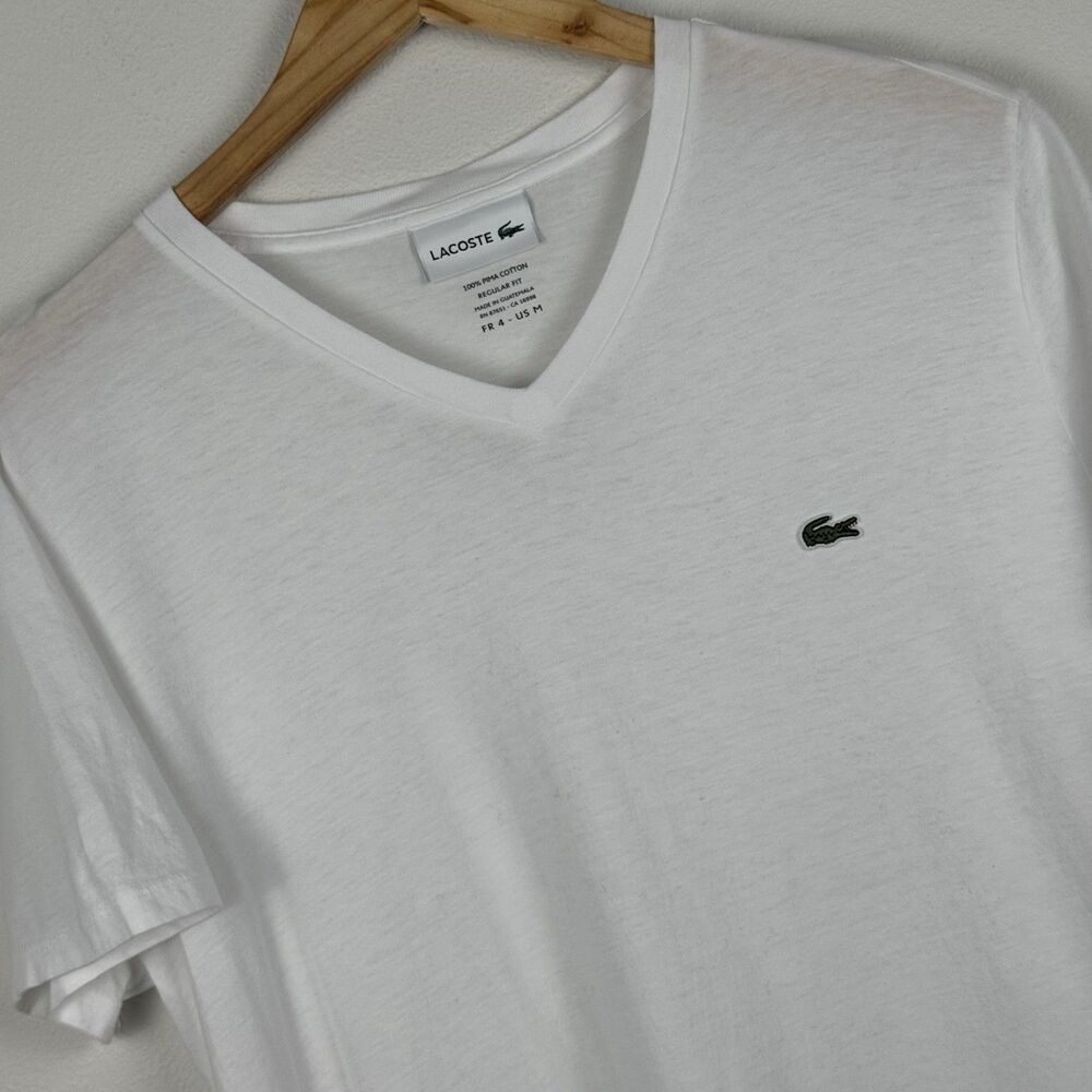 Lacoste V Neck T-Shirt Size Medium White 100% Pima Cotton Regular Fit